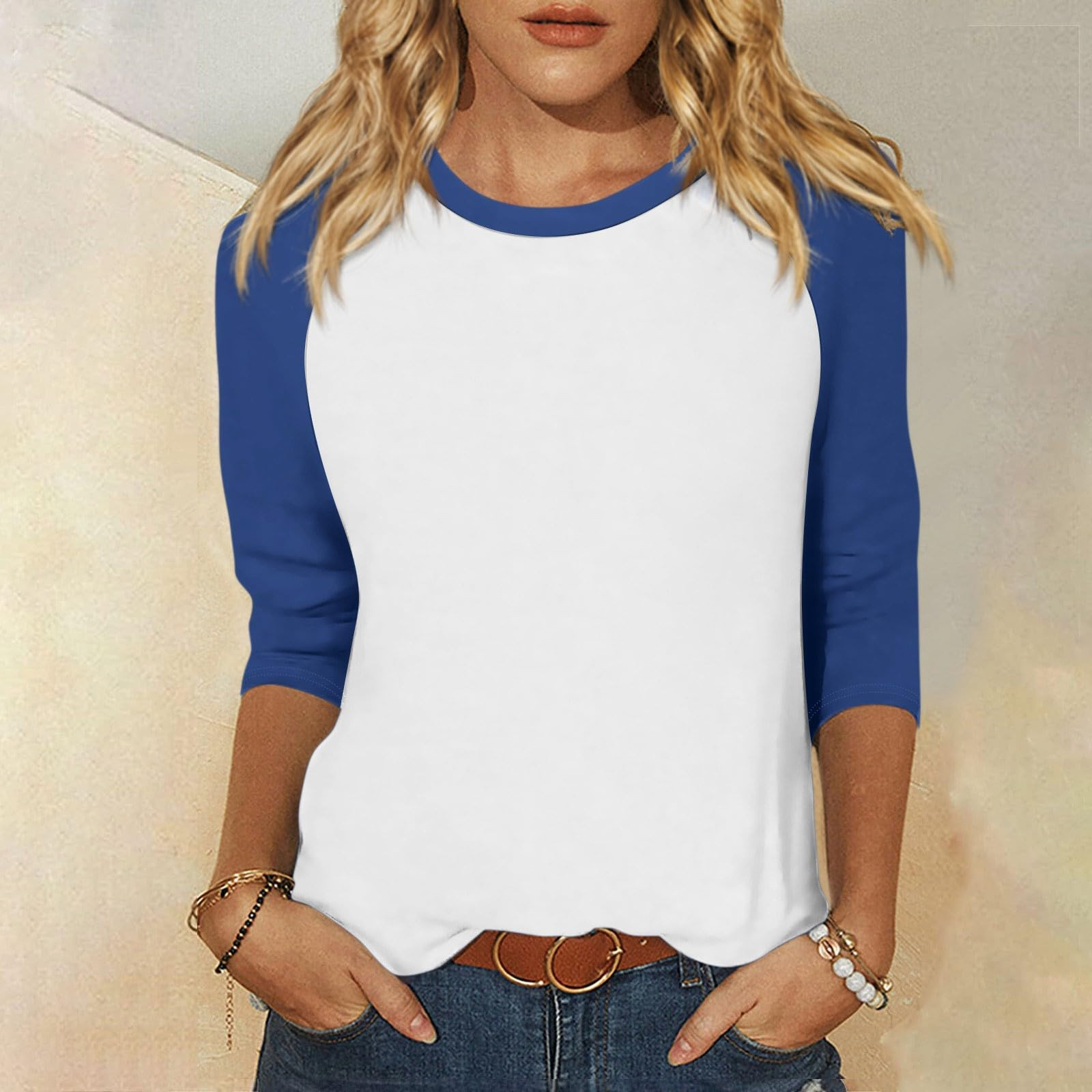 thumbnail image 2 of Camiseta informal de manga 3/4 y cuello redondo para mujer, versátil, de poliéster, tallas S-XXL, 2 of 5